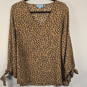 CeCe‎ Women's Leopard Print V-Neck, Tie-Cuff Blouse, Size XL
